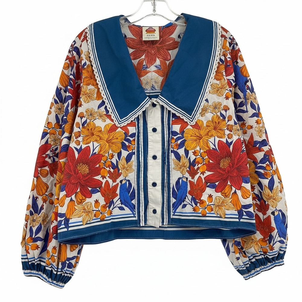 FARM Rio Blue Orange Florisbela Floral Collared Blouse | Women’s M